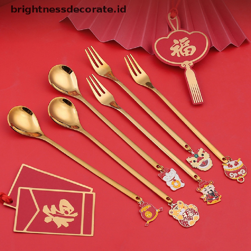 [Birth] Tahun Baru Sendok Garpu Harimau Kucing Liontin304Stainless Steel Peralatan Makan Kue Kopi Dessert Sup Stirring Spoon Fork Kithchen Use [ID]