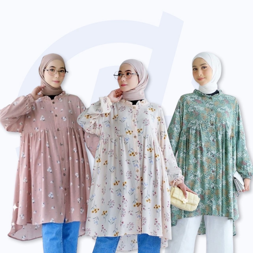 Long Tunik Motif Bunga Terbaru Rayon Katun Busui Atasan Wanita Lengan Panjang Kekinian Korean Style 