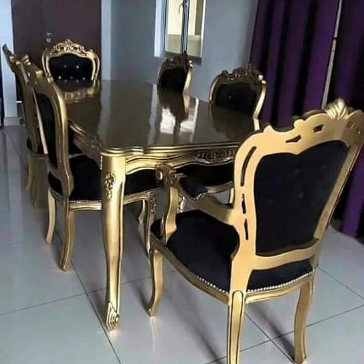 Set 6 Kursi Ukir Kayu Jati, Meja Makan Finishing Warna Emas