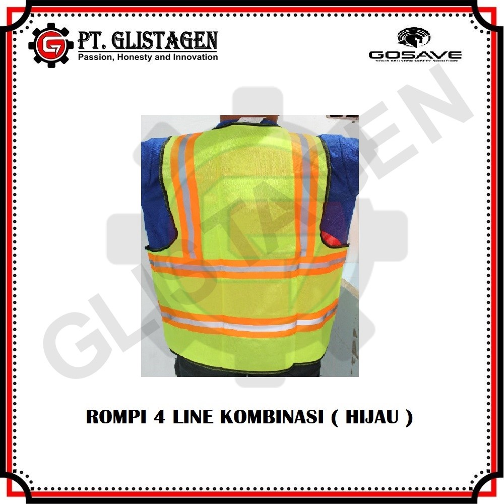 Rompi Safety Proyek Polyster 4 Line KOMBINASI Gosave HIJAU &amp; ORANGE