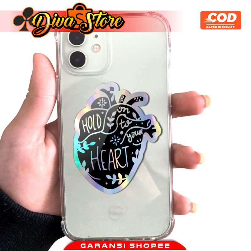 

Stiker Hologram Hold On To You Heart Aesthetic Bentuk Hati Aksesoris Handphone Laptop Waterproof
