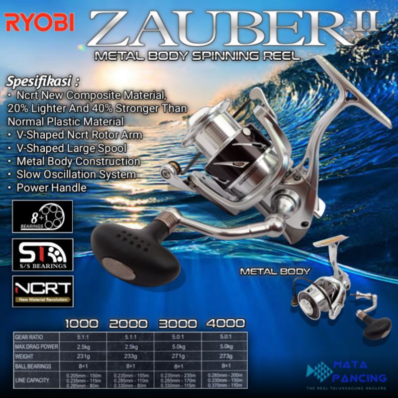 Reel ryobi zauber II 3000HP 4000HP power handle metal body construction cocok untuk pancing air tawar dan di laut