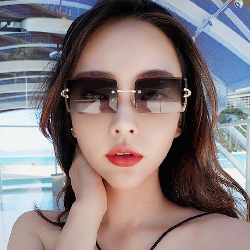 (YUZHU) Mode Baru Tanpa Bingkai Persegi Panjang Teduh Kacamata Gradien Kacamata UV400 Musim Panas Kacamata Wanita