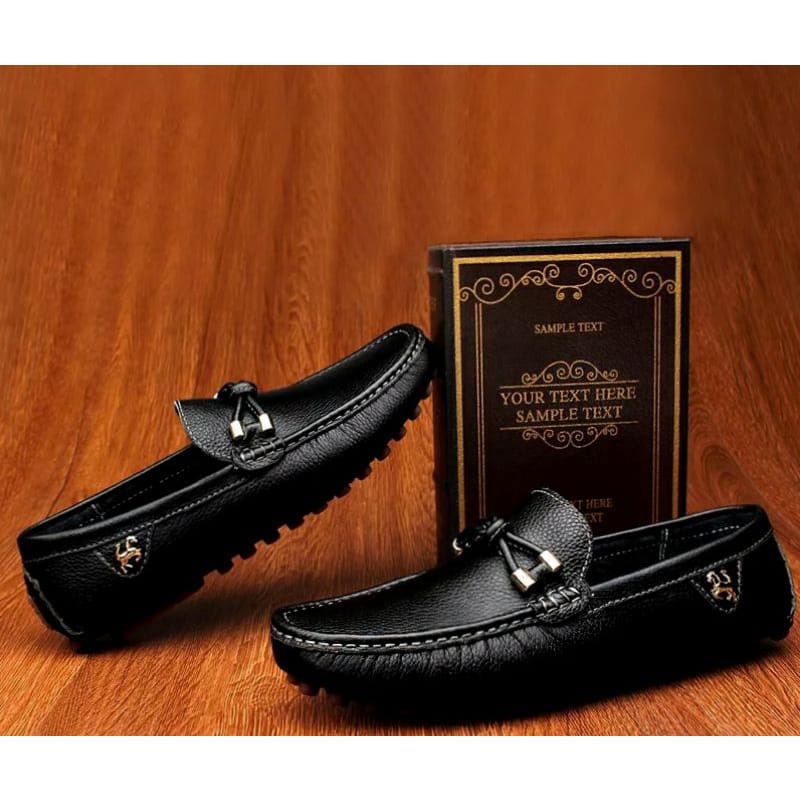 Sepatu Kulit Pria Slip On Loafer Casual Kulit Asli Hitam Slop Kasual Running Horse Black