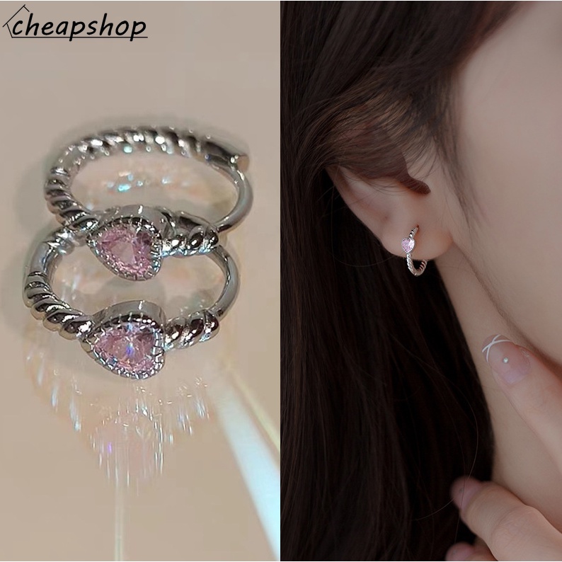 IFYOU Anting Tusuk Simple Love Pink Zircon Silver Earrings Untuk Aksesoris Perhiasan Wanita