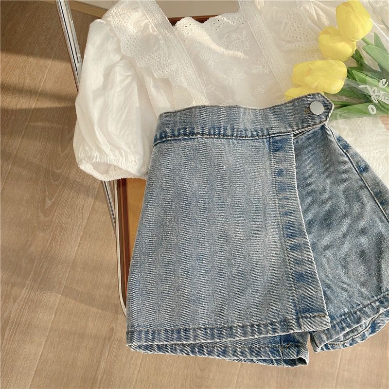 Setelan Anak Perempuan Import Fashion  Motif  Lace Putih Mini Jeans