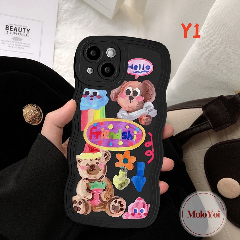 IPHONE Pasangan Kartun Graffiti Case Kompatibel Untuk Iphone11 14 6 6s 8 7 Plus 13 12 Pro Max 14 Plus XR X XS Max SE 2020 Anjing Lucu Populer Gadis Lucu Stiker Tepi Bergelombang Lembut Casing Ponsel TPU