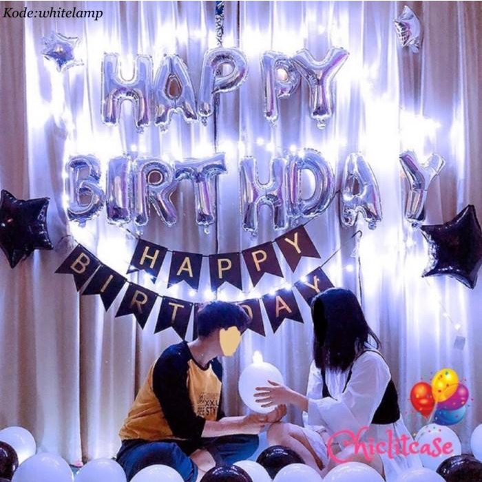 Paket set balon ulang tahun birthday dekorasi lampu LED romantis black