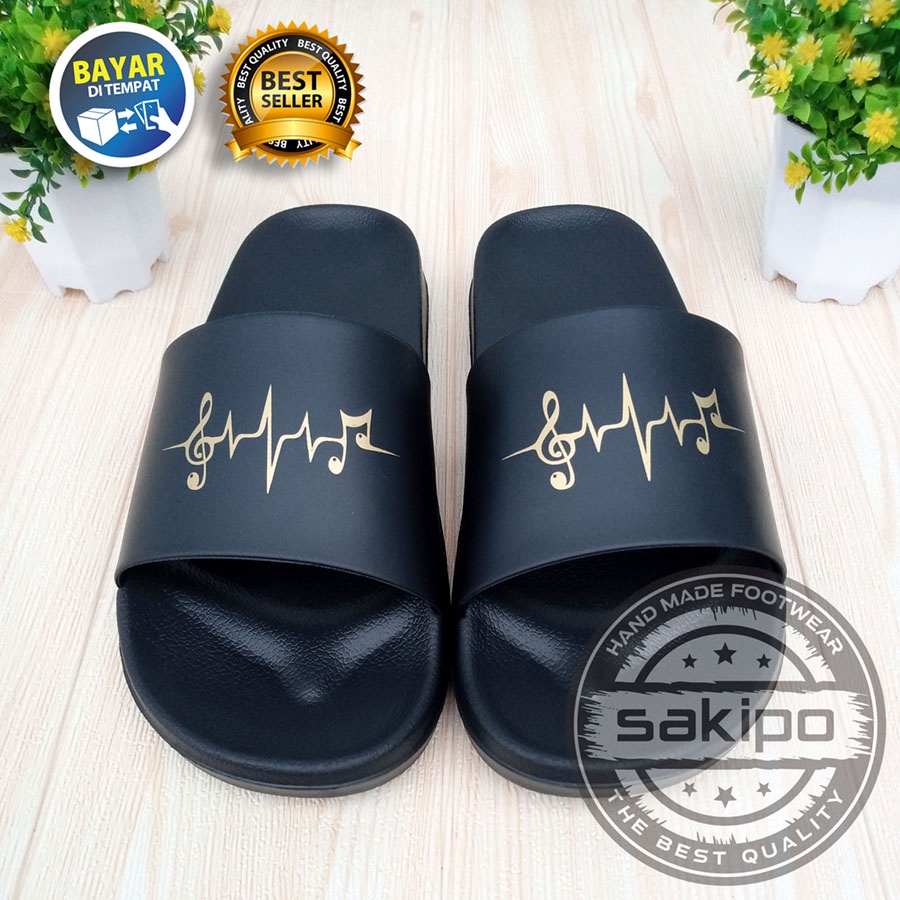 PROMO 2.2 COD SALE !! SANDAL DISTRO KEREN KEKINIAN PRIA DEWASA REMAJA SLIDE HITAM EMAS MOTIF FREKUENSI NADA / SENDAL SLIDE MURAH TERBARU / SENDAL TAHAN AIR TERMURAH / SAKIPO