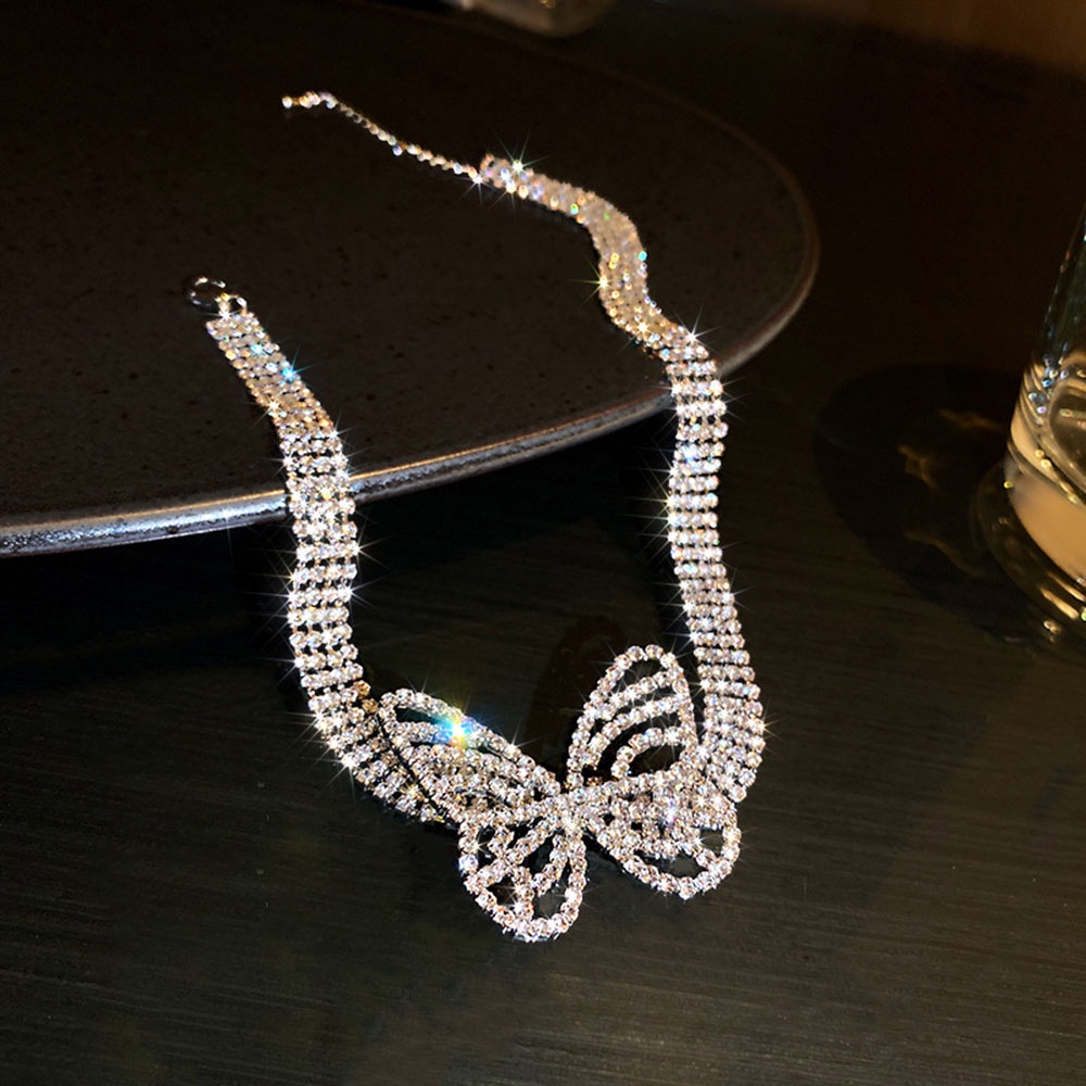 Ins Mewah Berlian Penuh Kupu-Kupu Chockekr Kalung Rantai Klavikula Kalung Pendek Aksesoris Fashion