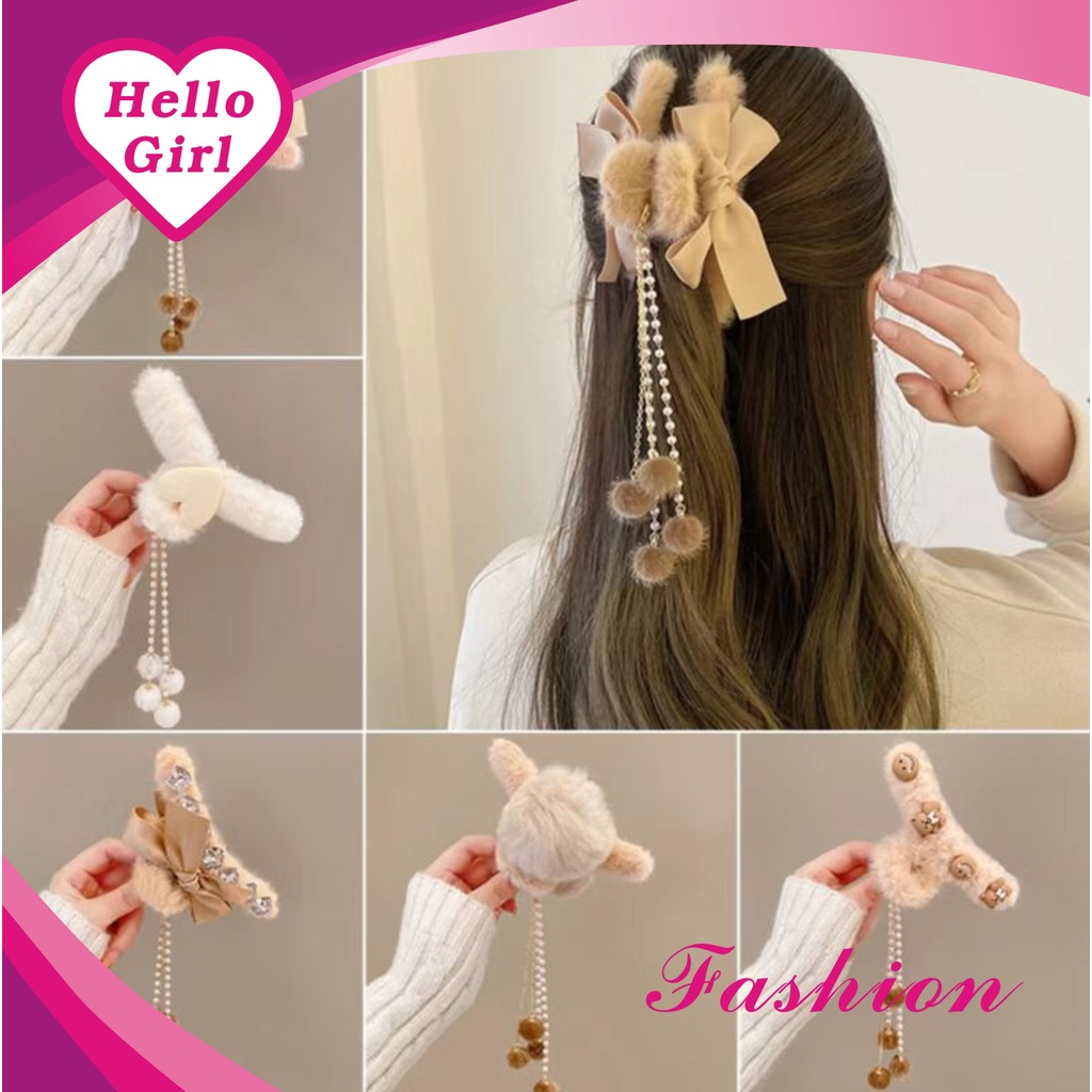 (Hello Girl)F107 Jepit Rambut Wanita Motif Kupu Jedai Bulu Pom Pom Gaya Korea Import