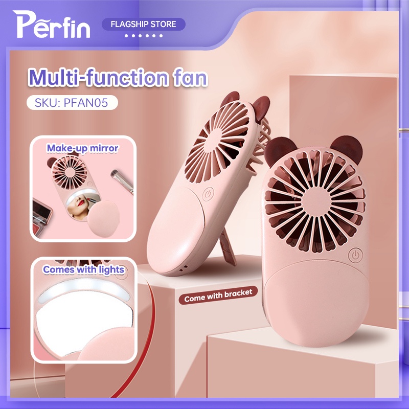 Perfin PFAN05 Kipas Angin Mini 3 in1 Kipas Cermin LED Fan Portabel Cermin Angin Dengan Braket