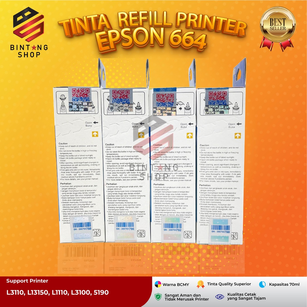 Tinta Epson 664 Tipe Printer L100 L110 L111 L120 L130 L200 L210 L211 L220 L222 L300 L310 L350 L353 L358 L360 L800 L805 L810 L850 L1300 L1800