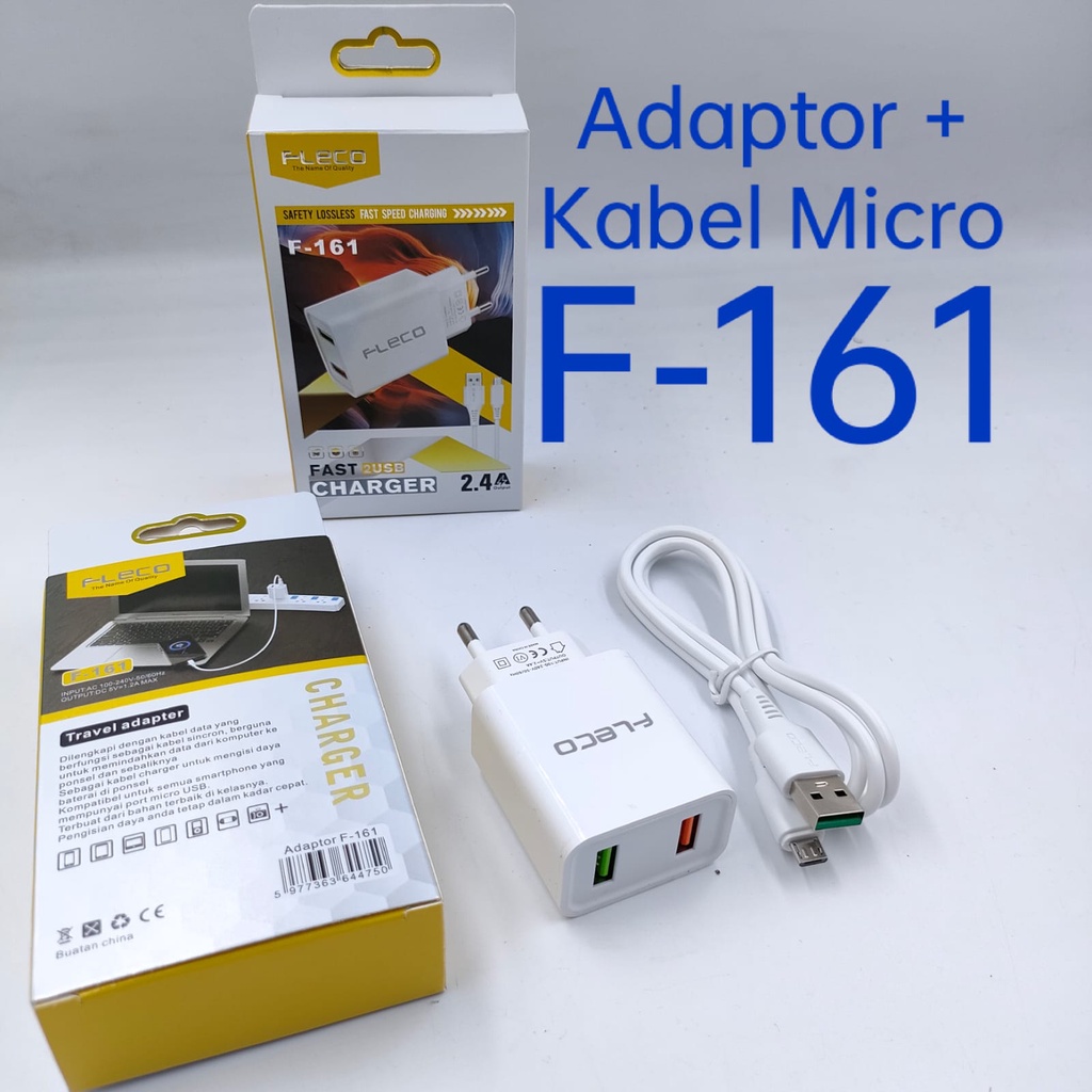 Charger Travel Adaptor 2 Ports Colokan USB 2 Fast Charging FREE kabel micro F-161 FLECO