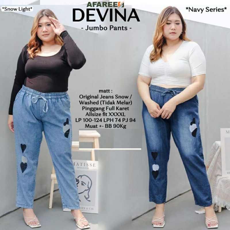 AFAREEN - Devina Jumbo Pants Baggy Jeans Love Bordil Boyfriend Jeans Devina Pinggang Karet Celana Jeans Wanita Jumbo BB 70-95 Kg