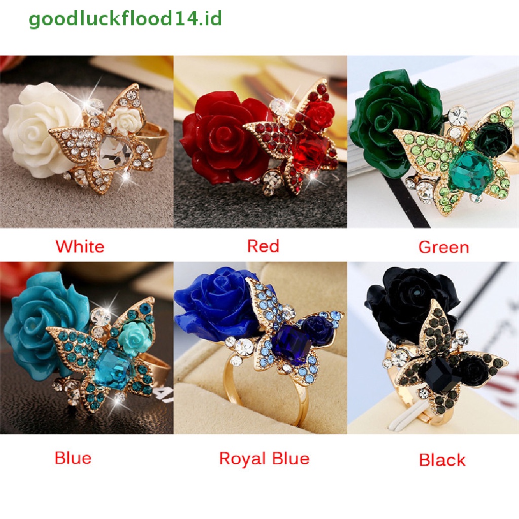 [GOOGFOUR] Adjustable Rose Butterfly Finger Ring Kristal Berlian Imitasi Cincin Perhiasan Pertunangan [TOP]