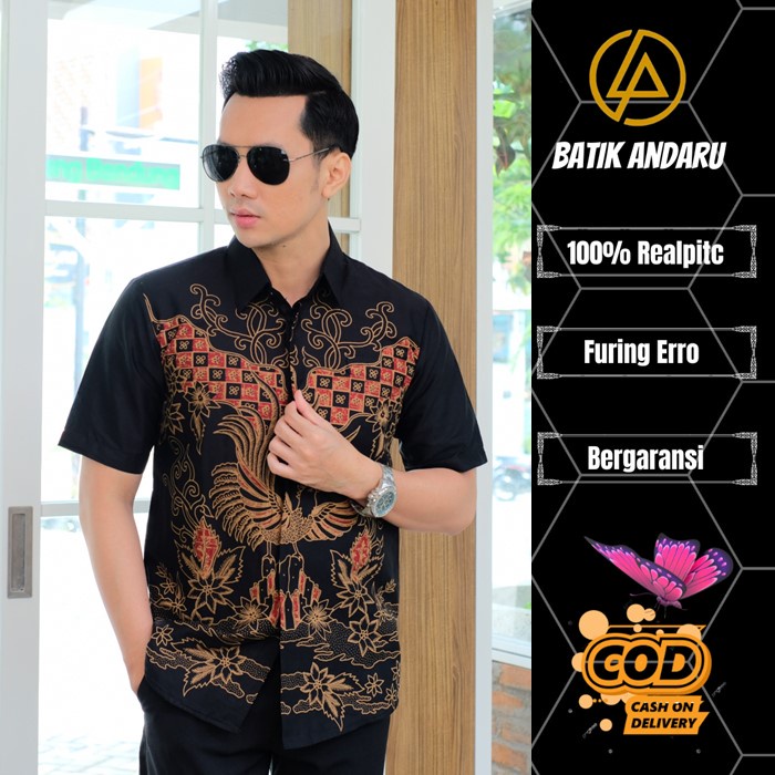 Baju Kemeja Batik Pria Slimfit Lengan Pendek Modern Elegant Heem Premium Warna Hitam Merah Maroon