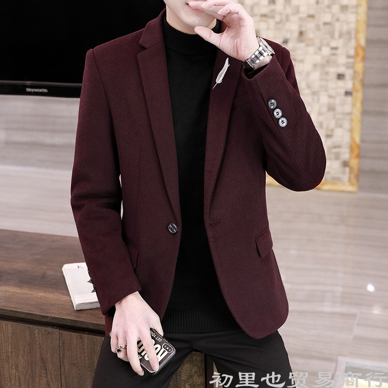 Leisure  Pria  Korea Tren Wol Suit    Bulu Berlapis Tebal Wol Mantel tunggal Barat Jaket Pria