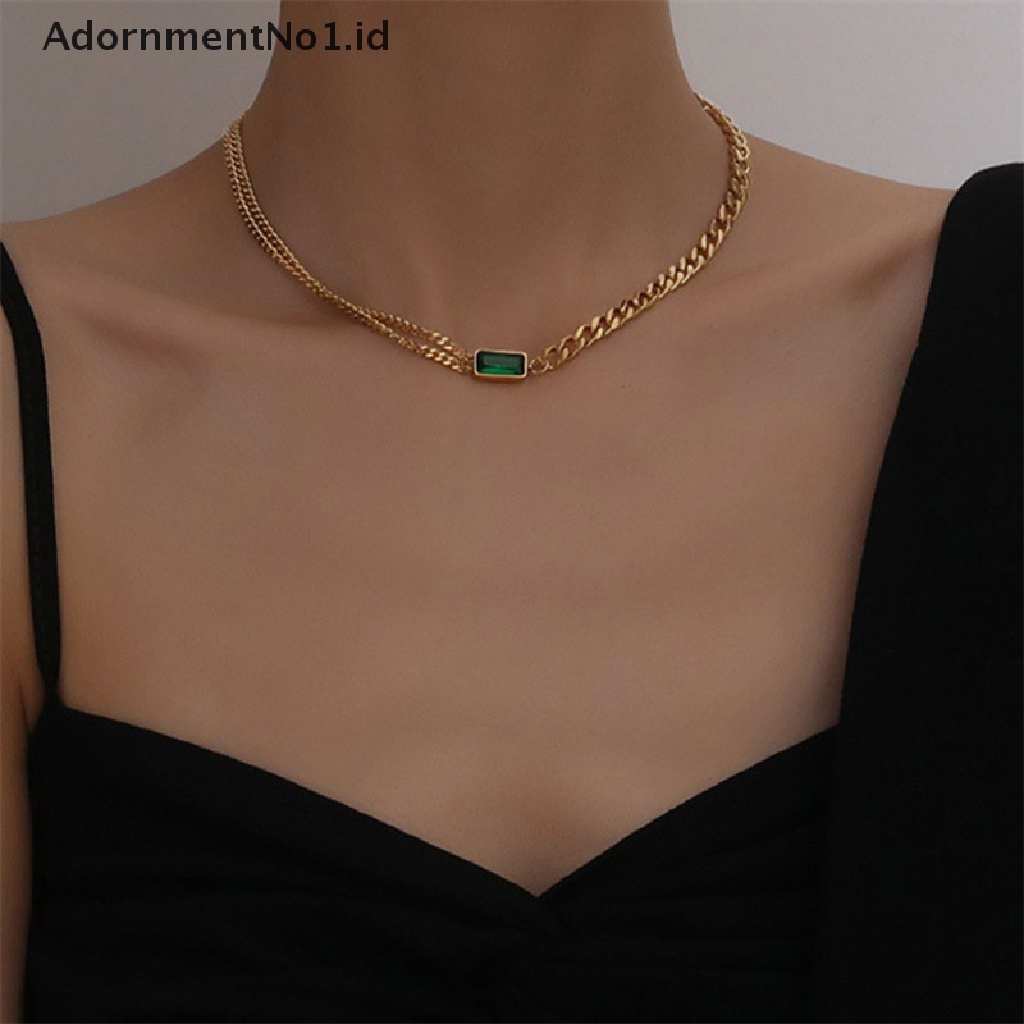 [AdornmentNo1] Fashion Perhiasan Halus Minimalis Zirkon Hijau Ch Tebal Leher Rantai Choker [ID]