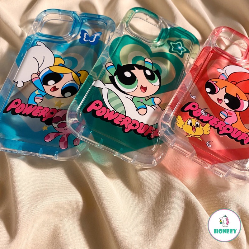 IPHONE Indah Lucu Powerpuff Gadis Airbag Air Cushion Puff Phone Case Kompatibel Untuk Iphone14 13 12 11 Pro Max Shockproof Lembut TPU Kembali Ponsel Cover