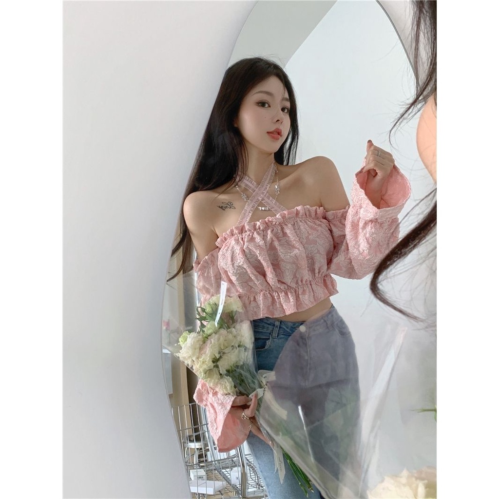 Red Kemeja manis wanita musim panas desain rasa keinginan murni satu bahu halter top all-match fashion kemeja lengan pendek engah