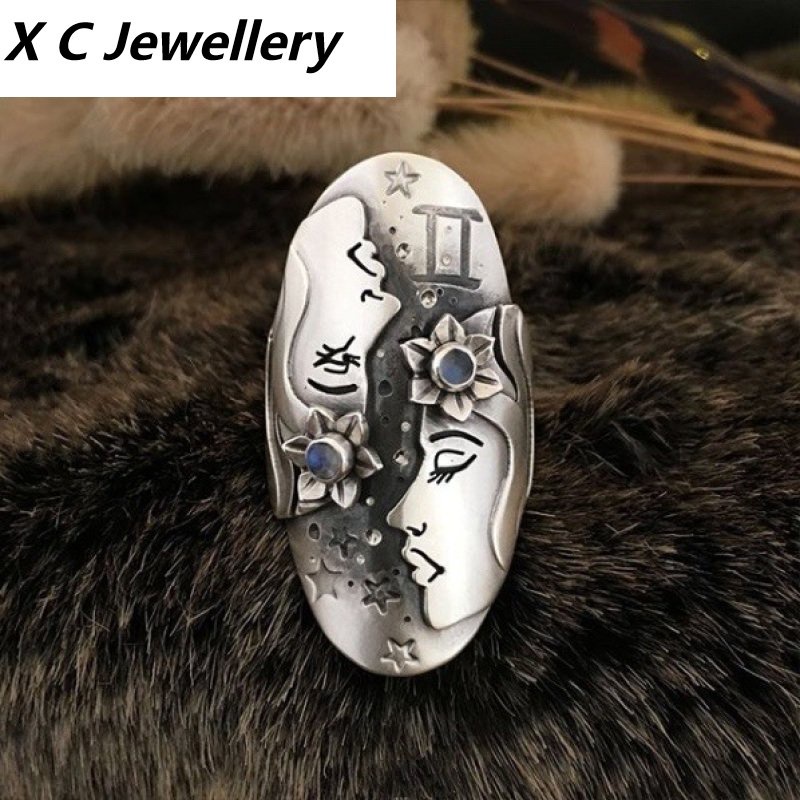 [X C Perhiasan] Hip hop rock retro 12rasi Bintang Perempuan fashion Gemini Cincin Pesta Perhiasan Aksesoris