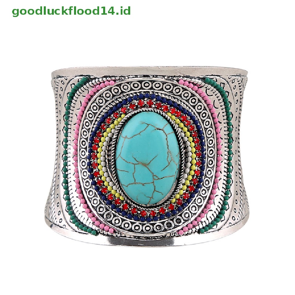 [GOOGFOUR] Bohemian Vintage Tibet Perak Turquoise Wanita Pesona Cuff Bangle Bracelets [Atasan]