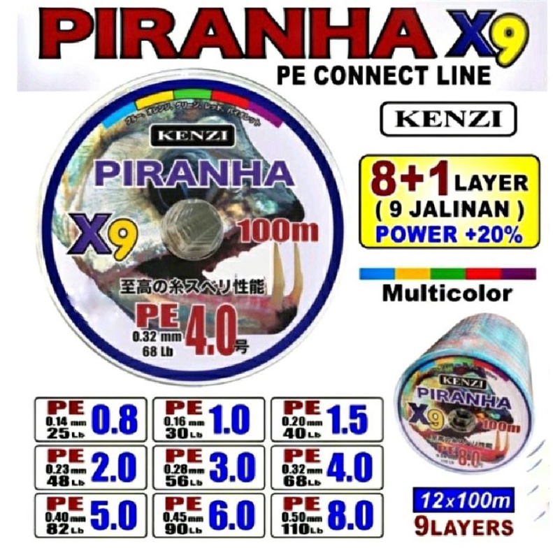PE Kenzi Piranha X9 100m connecting multicolor Benang PE 1.0