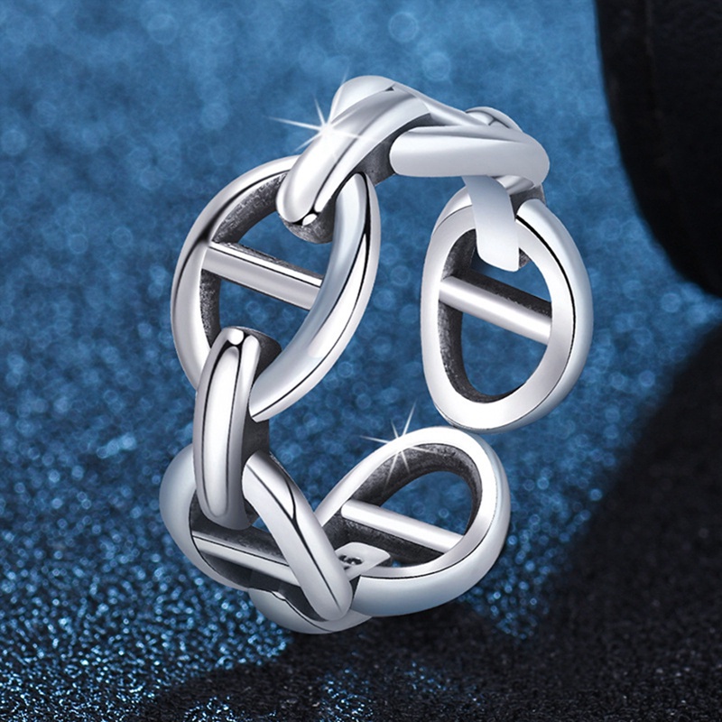 Perak Hitam Retro Rantai Cincin Pembukaan Adjustable Cincin Wanita Pria Perhiasan