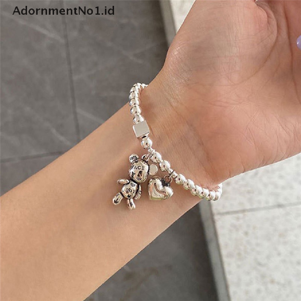 [AdornmentNo1] Gelang Punk Warna Silver Untuk Wanita String Beads Aksesoris Tren Vintage Sederhana Lucu Beruang Liontin Pesta Perhiasan Halus [ID]