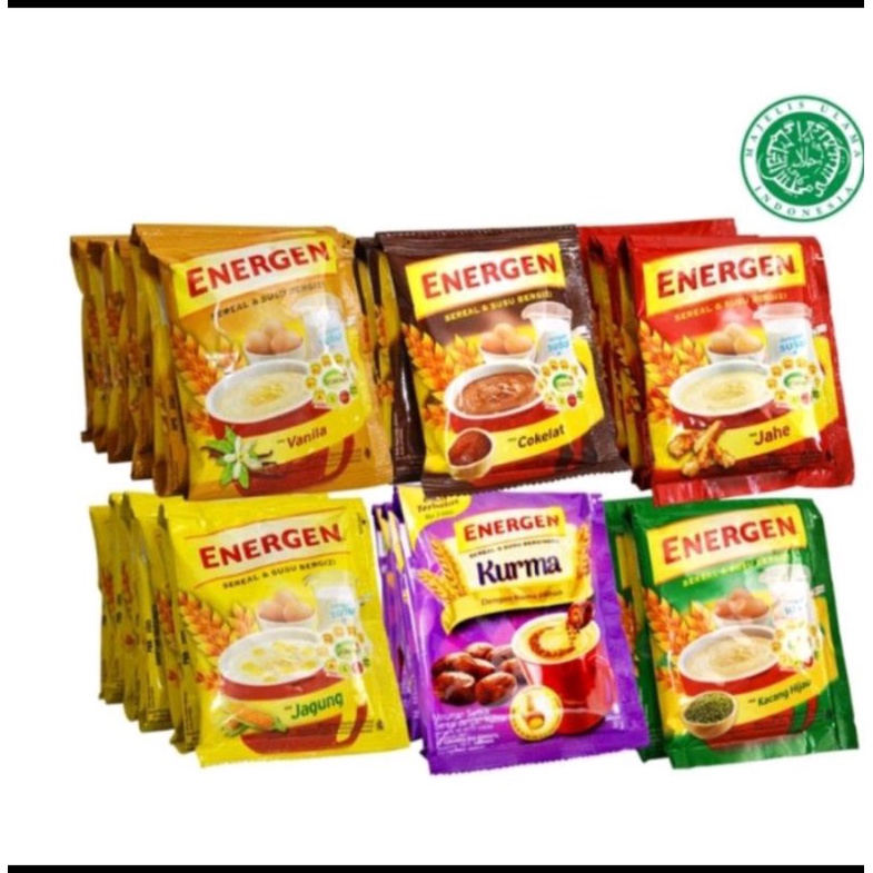 

Energen serial banyak varian, coklat ,kacang hijau, kurma, vanila 1 renceng isi 10pcs