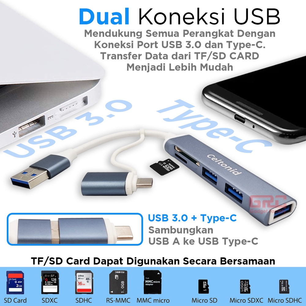 Adapter Converter USB Type C to 5 Port HUB 5 in 1 OTG Micro SD TF Card