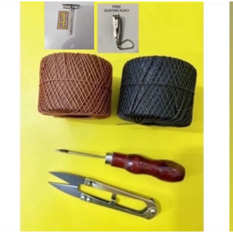PAKET MURAH - TALI BENANG NILON SEPATU WARNA COKLAT DAN HITAM + JARUM SOL + GUNTING BENANG