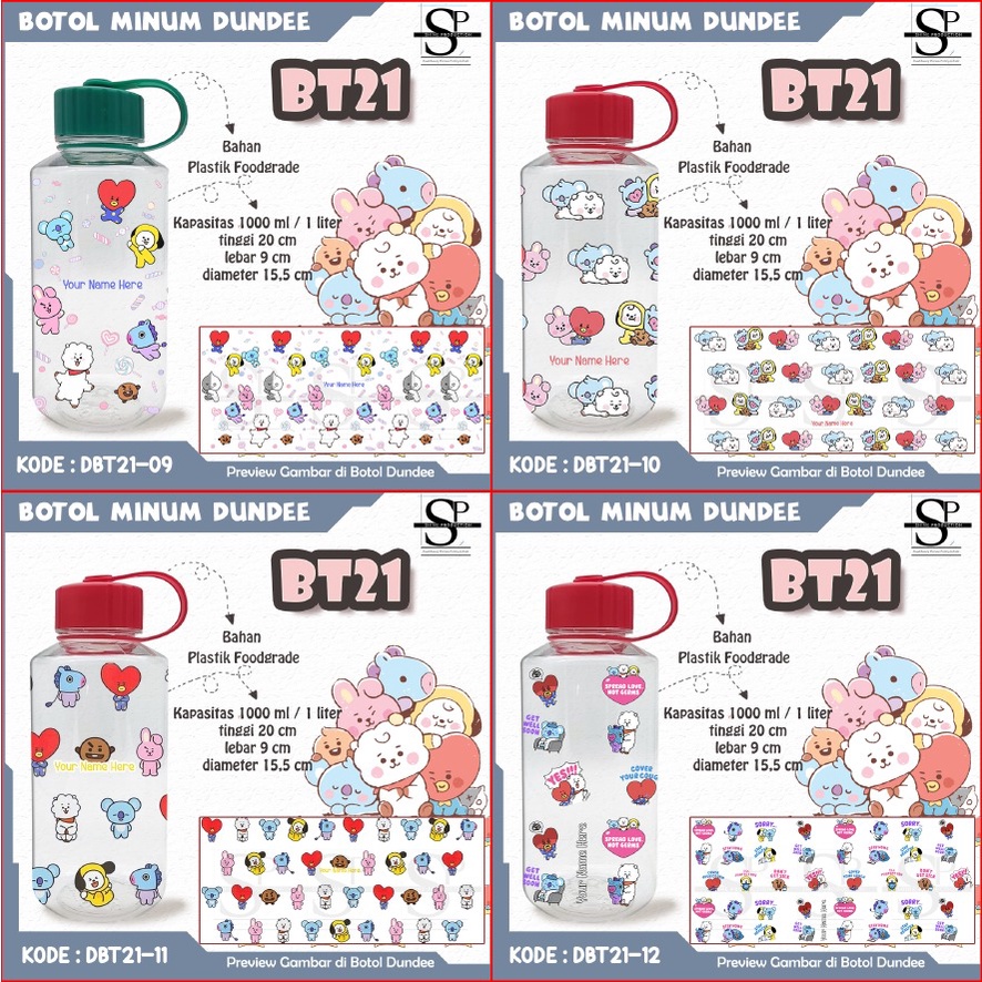 Botol Minum Plastik 1 Liter BT21 BPA Free Custom Nama