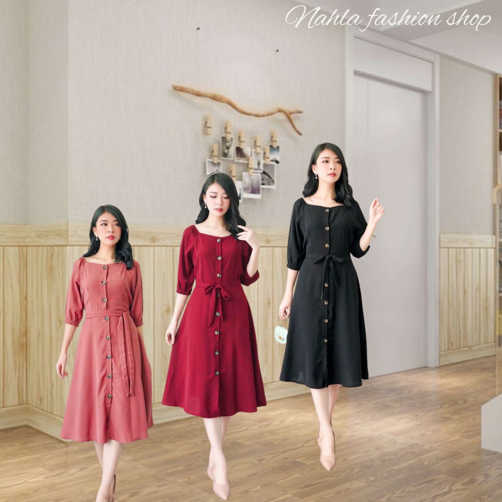 PAKAIAN WANITA.COD ANISA CASUAL DRESS WANITA IMLEK CNY SPECIAL 2023 EMILY BUTTON PLAID SQUARE MIDI