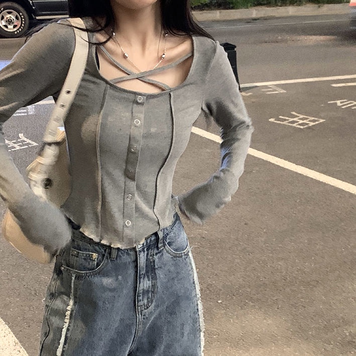 Red Manis dan keren hot gadis licik top awal musim gugur desain baru klavikula slim lengan panjang t-shirt wanita thread bottoming kemeja ~