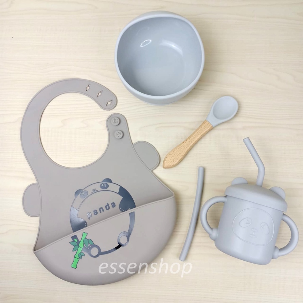 Feeding set Bowl Silicone Suction spoon slabber baby bib piring mangkok sendok anak bayi silikon mpasi