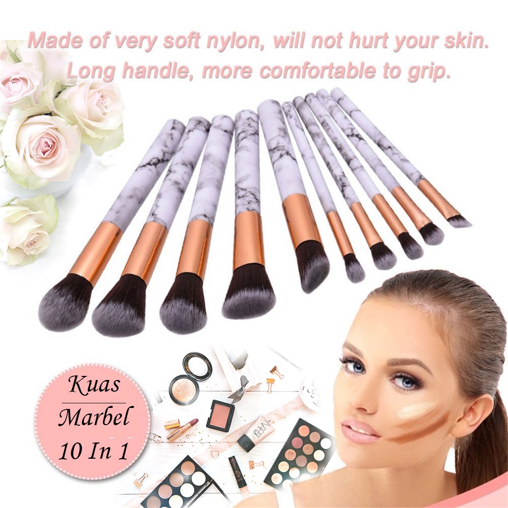 MI SHOPINN - Kuas Make Up 10 PCS Set Lengkap 1 Paket Marble Brush Makeup Kit Aplikator Bedak Foundat