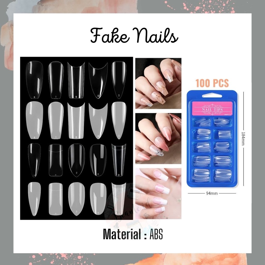 Fake Nails / Kuku Palsu Isi 100pcs Warna Transparan Bening Berbagai Model Lengkung Oval Runcing Awet Berkualitas Untuk Acara Pesta Nikah Ulang Tahun Nail Art Salon Sehari-hari
