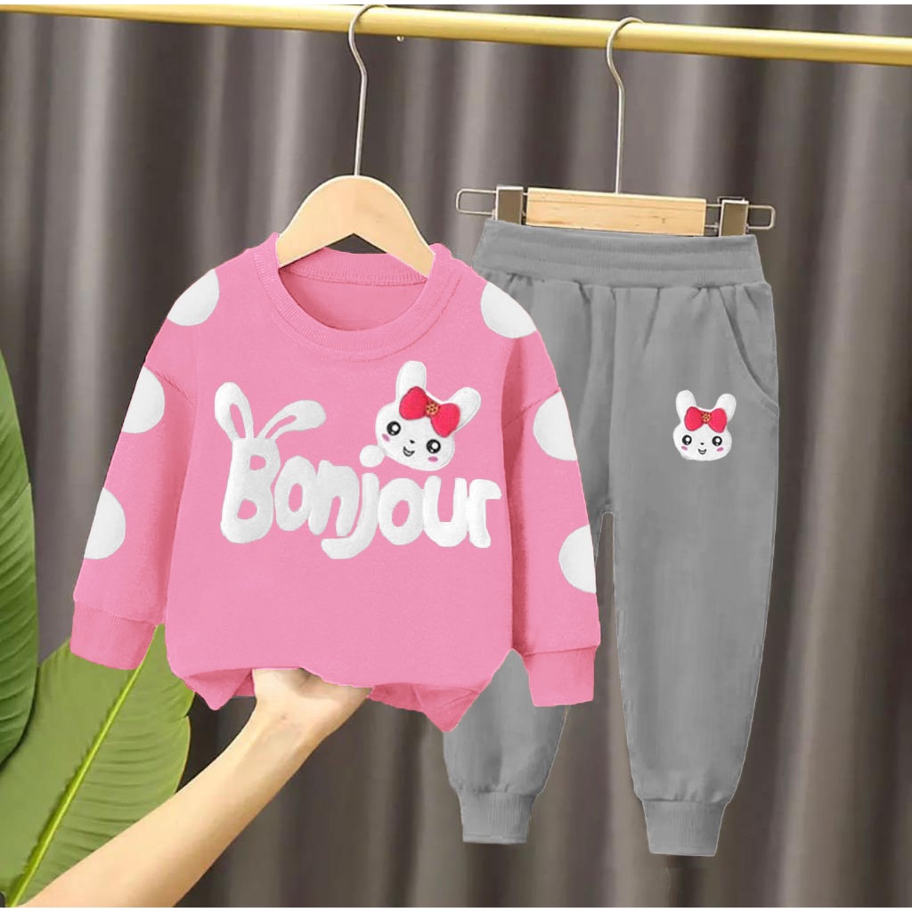 setelan sweater bayi anak motif bonjour kelinci usi 6 bulan-5 tahun bahan babyterry