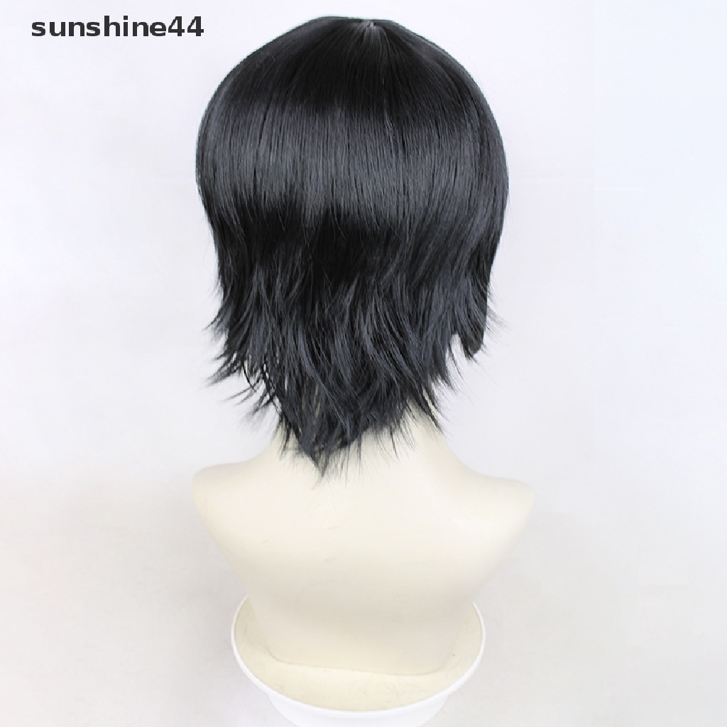 Sunshine Himeno Wig Chain Man Hitam Pendek Berbulu Lapis Rambut Sintetis Tempelan Tahan Panas Kostum Wig Pesta.