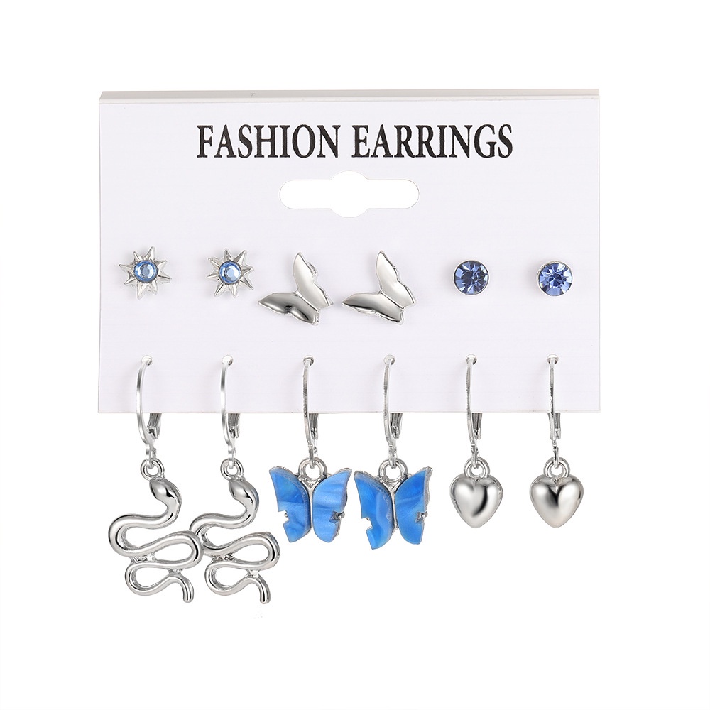 6 Pcs/Set Fashion Biru Kupu-Kupu Anting Set Untuk Wanita Individu Hati Ular Anting Perhiasan Aksesoris Pesta