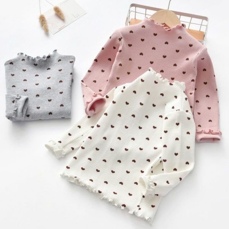 Atasan Anak Long Sleeve T-Shirt Heart Ruffle Tee  6-12 Bulan / Baju Anak Rajut Ruffle Tee Import Premium