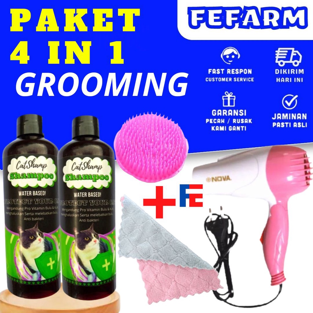 PAKET GROOMING Mandi Kucing Shampoo 250 ml + Hairdyer+ Sikat Mandi+Handuk Microfiber Premium Quality FEFARM