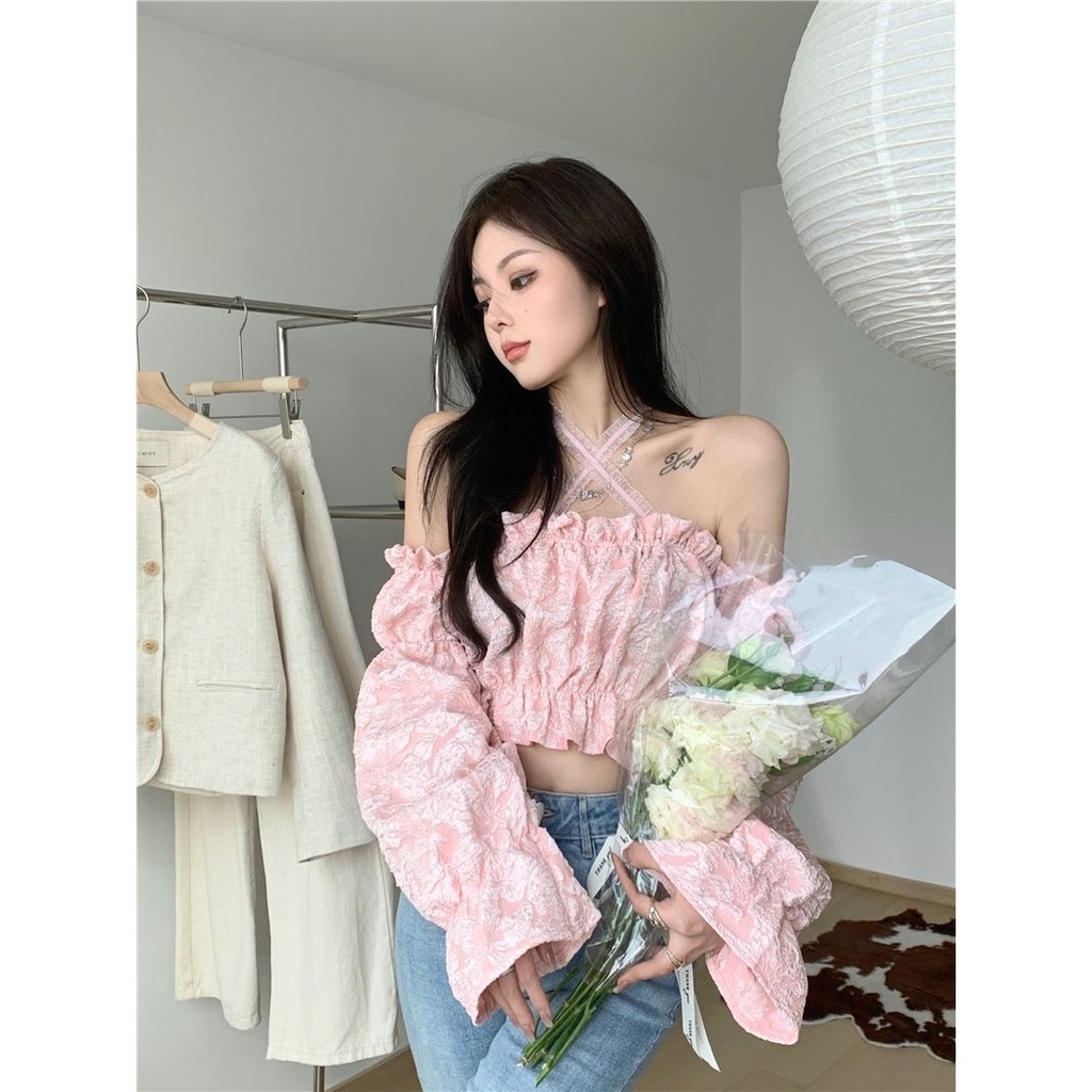 Red Kemeja manis wanita musim panas desain rasa keinginan murni satu bahu halter top all-match fashion kemeja lengan pendek engah