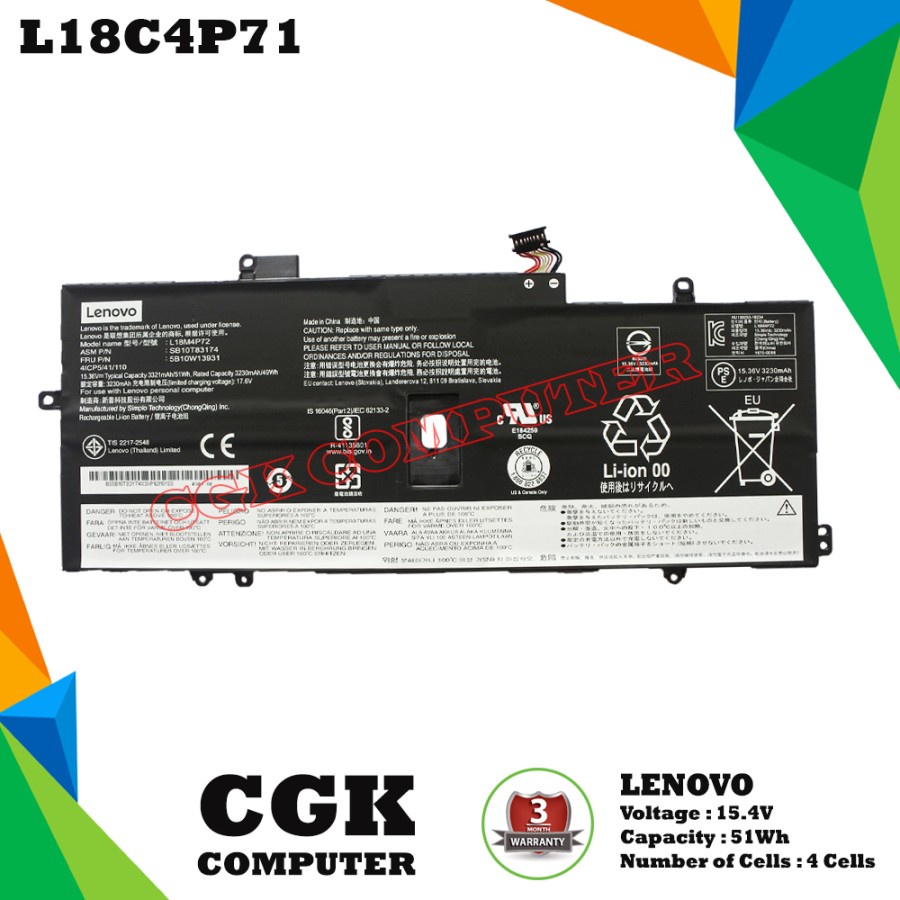Baterai Laptop Original for Lenovo ThinkPad X1 Yoga Gen 4 Gen 5 L18C4P71