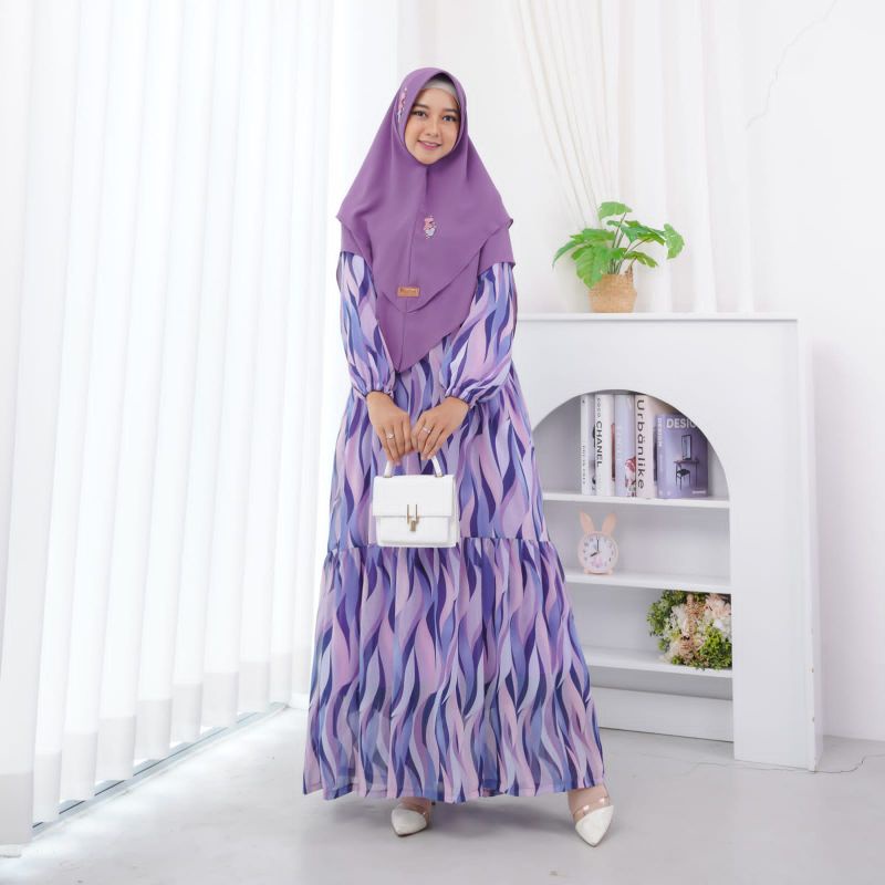 Gamis Syar'i Ceruty Babydoll One Set Khimar (Abstrak)