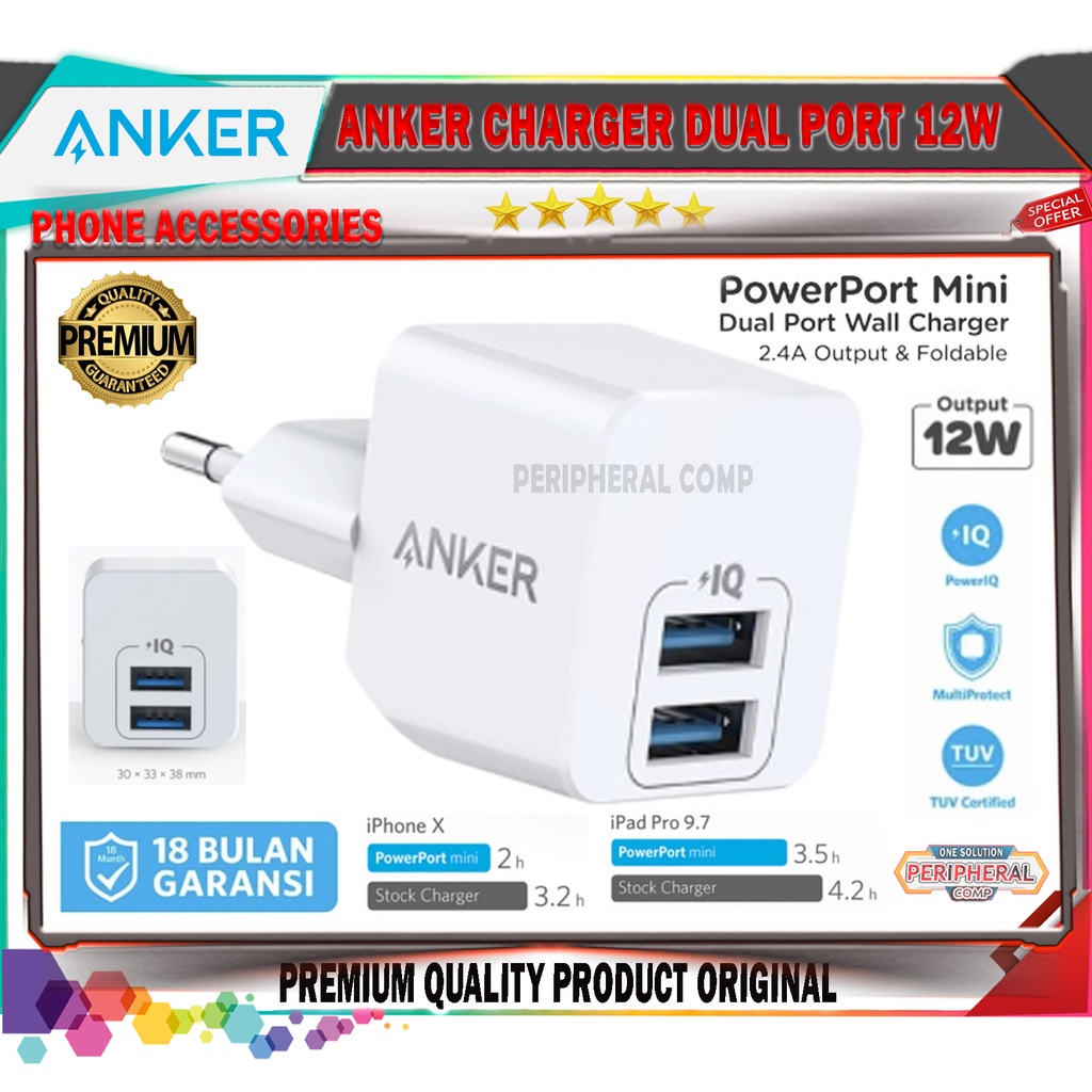 ANKER WALL CHARGER DUAL PORT 12W POWERPORT III 20W A2631G21 POWERPORT NANO A2633L22