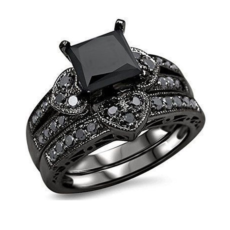 Fashion Wanita Persegi Hitam Cubic Zirconia Pengantin Cinta Hati Berlian Imitasi Set Cincin Pertunangan