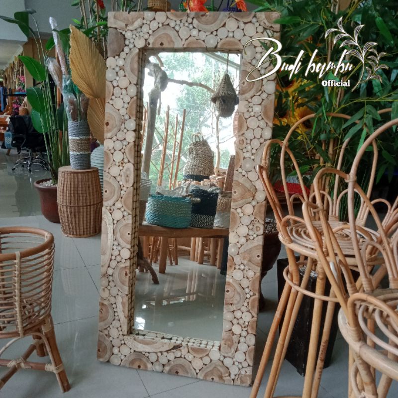 CERMIN DEKORASI KOIN KAYU JATI WALL MIRROR KACA GANTUNG BODY POTONGAN KOIN KAYU JATI MURAH